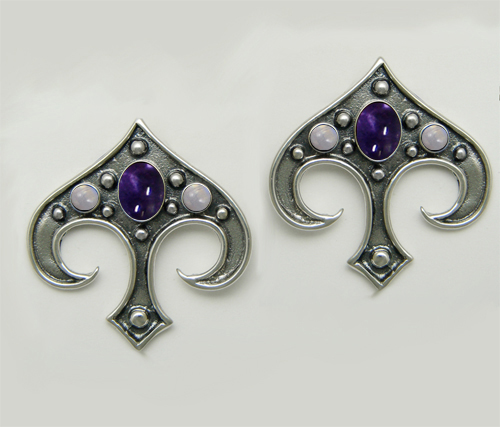 Sterling Silver Gothic Inspired Drop Dangle Earrings With Iolite And Rainbow Moonstone